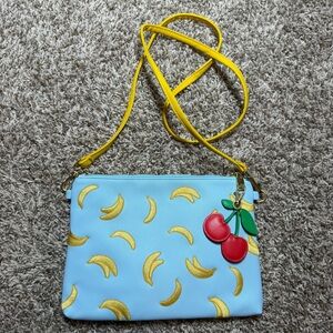 Studio DIY Blue Banana Print Crossbody Bag with Yellow Strap